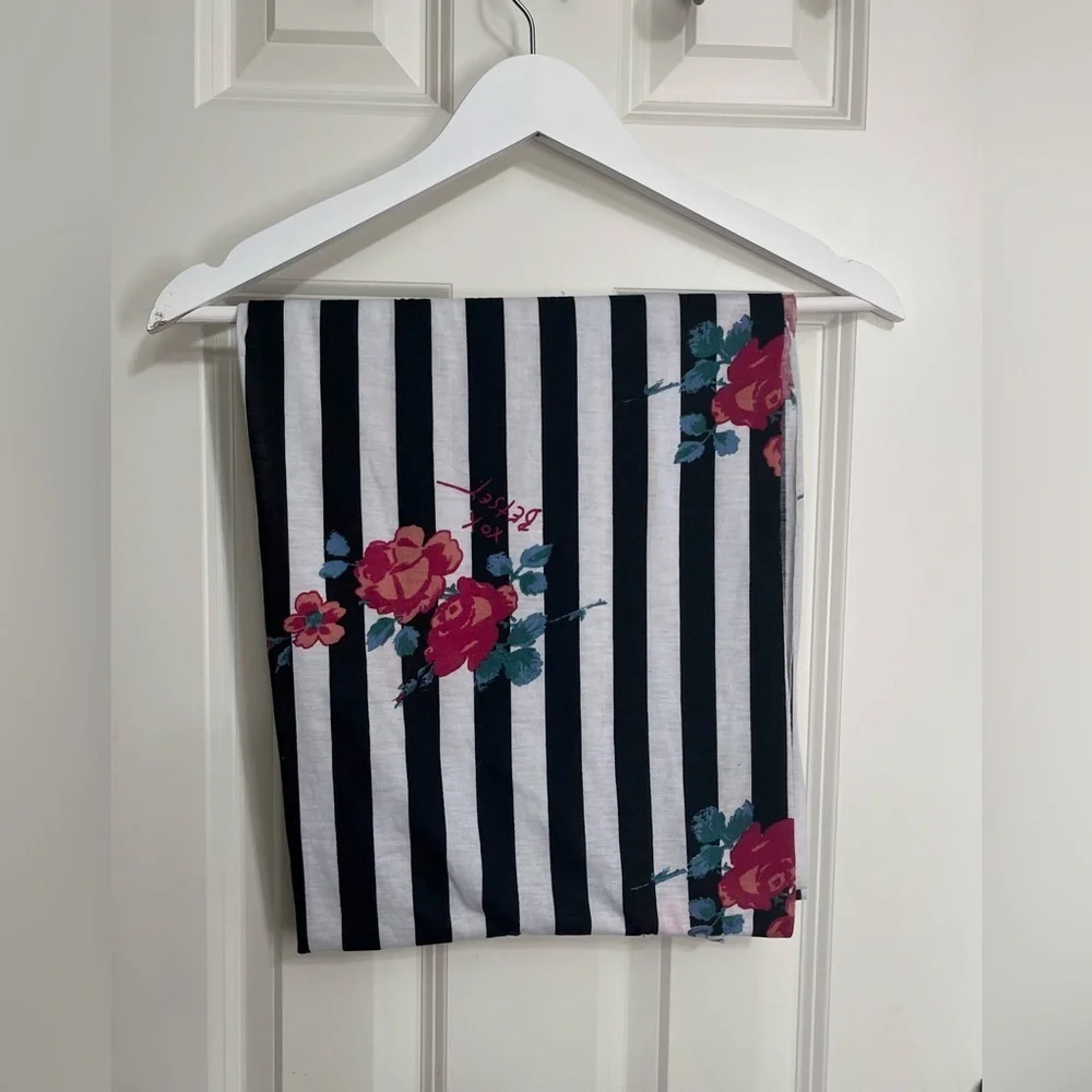Betsey Johnson Striped Scarf with Red Floral Accents